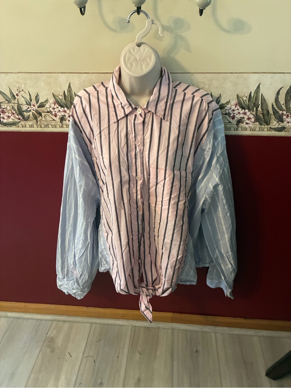 Fashion Nova Pink and Light Blue Striped Tie-Hem Button Down Shirt